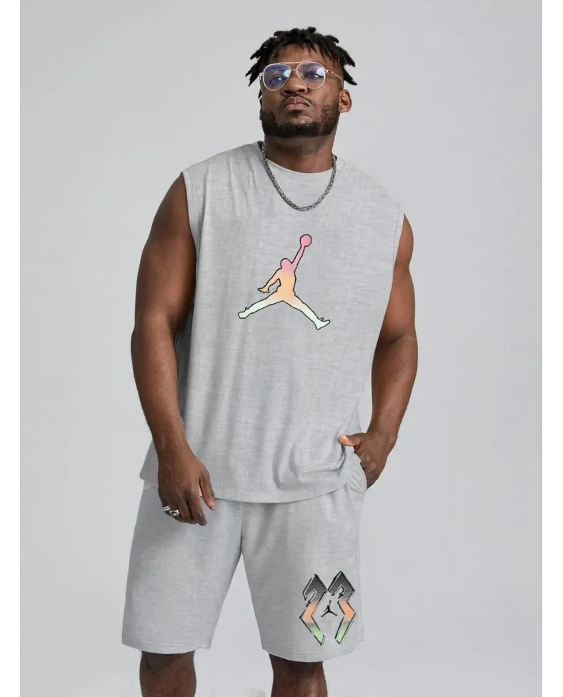 Erkek Sırt Baskılı Sıfır Kol İkili Şort Takım - Gri