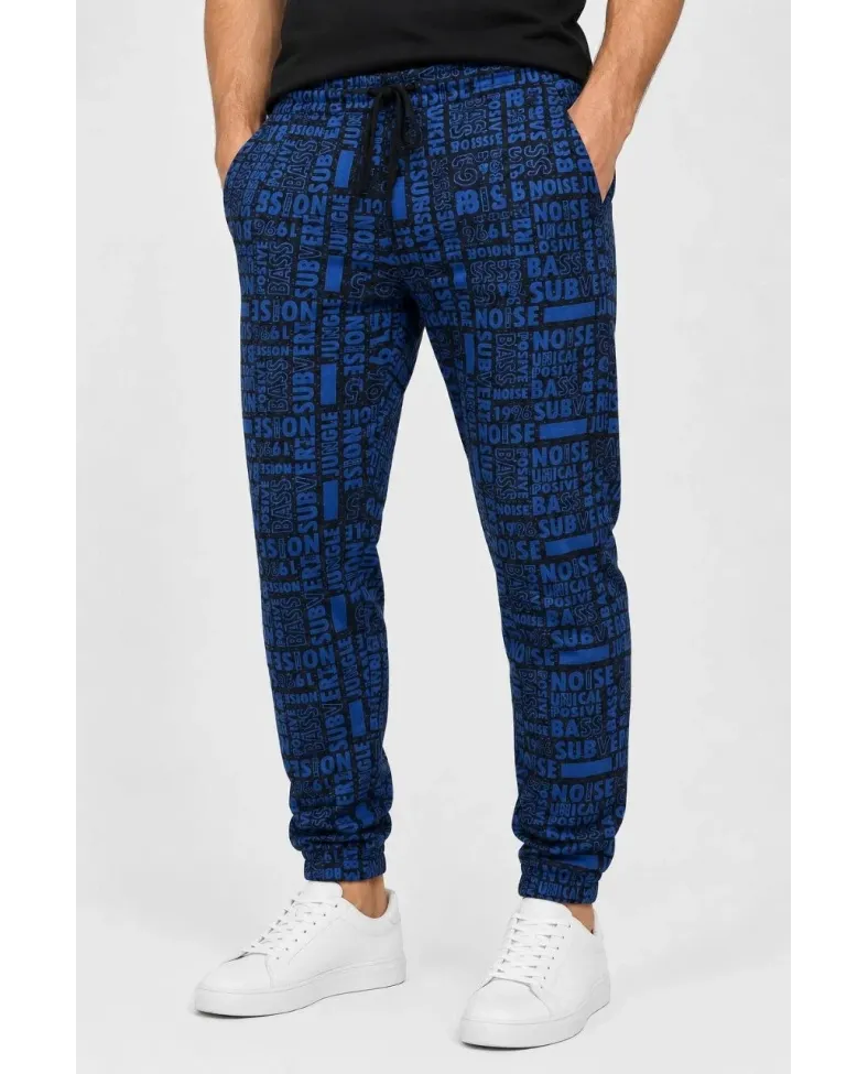 Erkek Siyah Mavi Yazı Desenli İki İplik Şardonlu Jogger Eşofman Altı