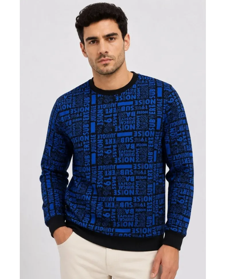 Erkek Siyah Mavi Yazı Desenli İki İplik Şardonlu Sweatshirt