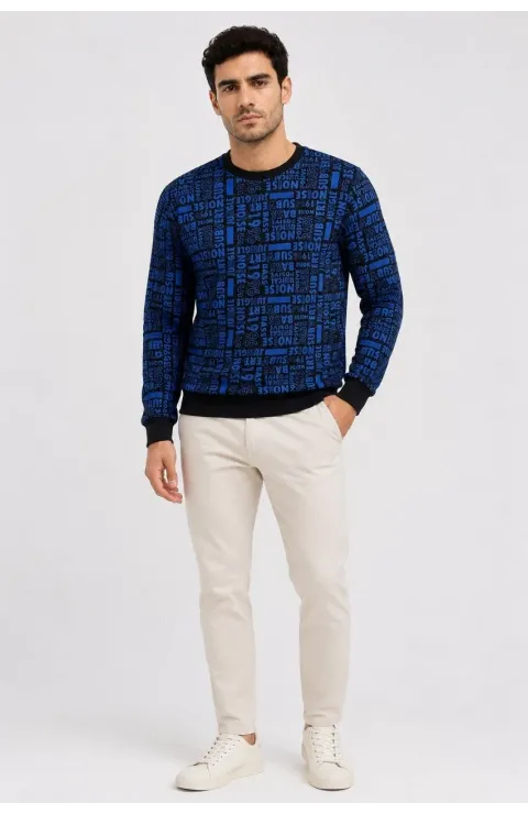 Erkek Siyah Mavi Yazı Desenli İki İplik Şardonlu Sweatshirt