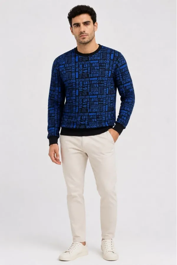Erkek Siyah Mavi Yazı Desenli İki İplik Şardonlu Sweatshirt