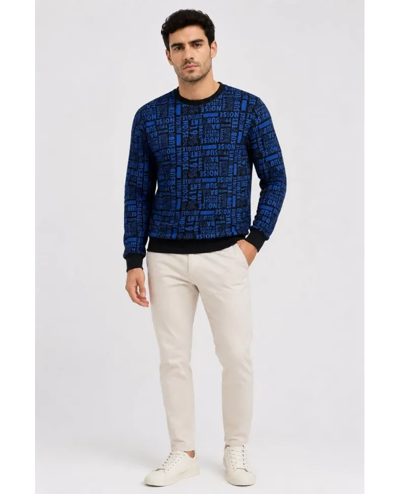 Erkek Siyah Mavi Yazı Desenli İki İplik Şardonlu Sweatshirt