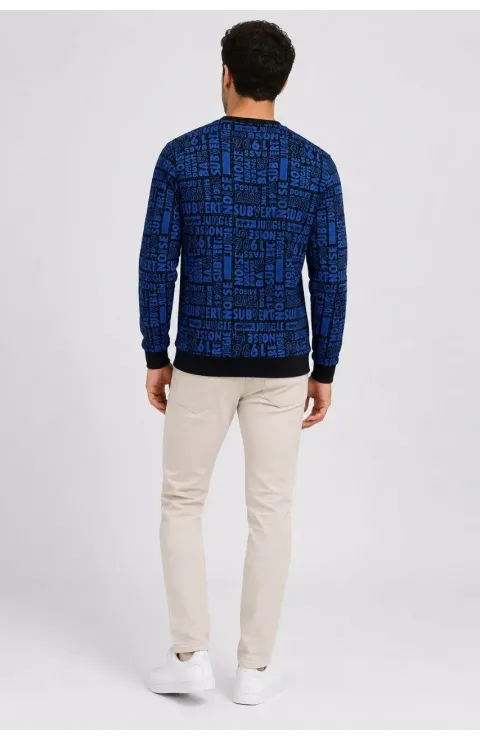 Erkek Siyah Mavi Yazı Desenli İki İplik Şardonlu Sweatshirt