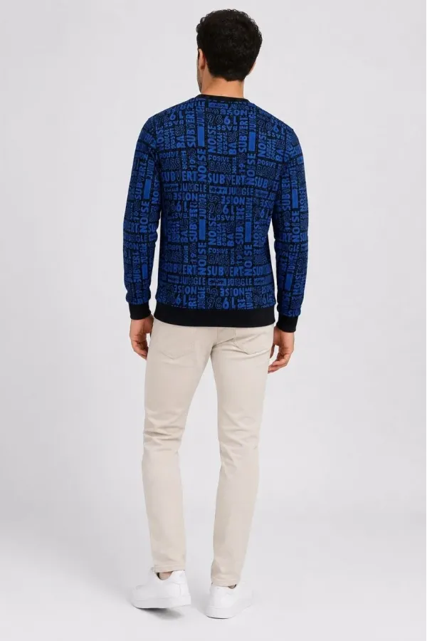 Erkek Siyah Mavi Yazı Desenli İki İplik Şardonlu Sweatshirt