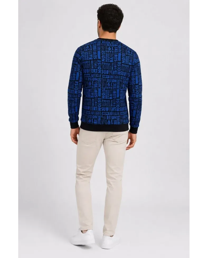 Erkek Siyah Mavi Yazı Desenli İki İplik Şardonlu Sweatshirt