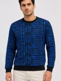 Erkek Siyah Mavi Yazı Desenli İki İplik Şardonlu Sweatshirt