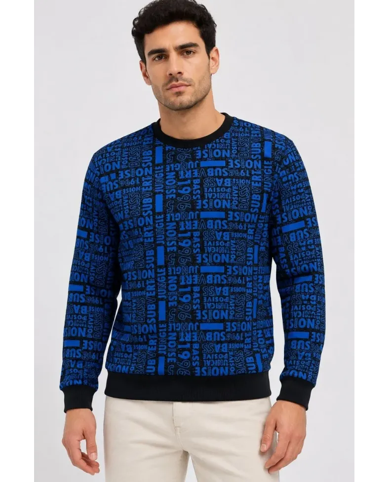 Erkek Siyah Mavi Yazı Desenli İki İplik Şardonlu Sweatshirt