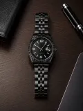 Erkek Siyah Renk Metal Kordon Analog Kol Saati Takvim Göstergeli Siyah Petek Desenli Kadran
