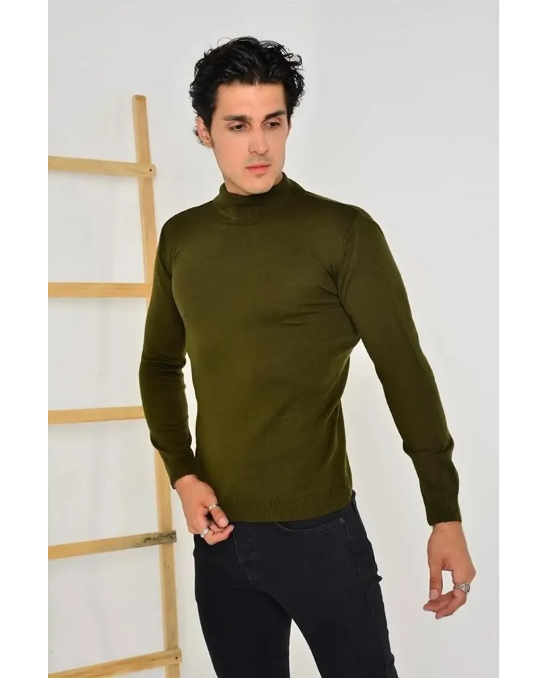 Erkek Tam Balıkçı Yaka Düz Kazak - Yeşil