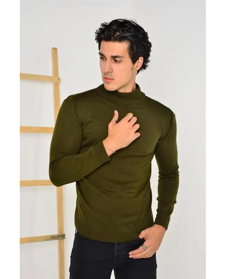 Erkek Tam Balıkçı Yaka Düz Kazak - Yeşil