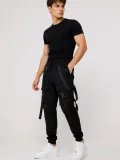Erkek Techwear Şerit Aksesuarlı Ön Kapak Cep Detaylı Jogger Eşofman Altı - Siyah