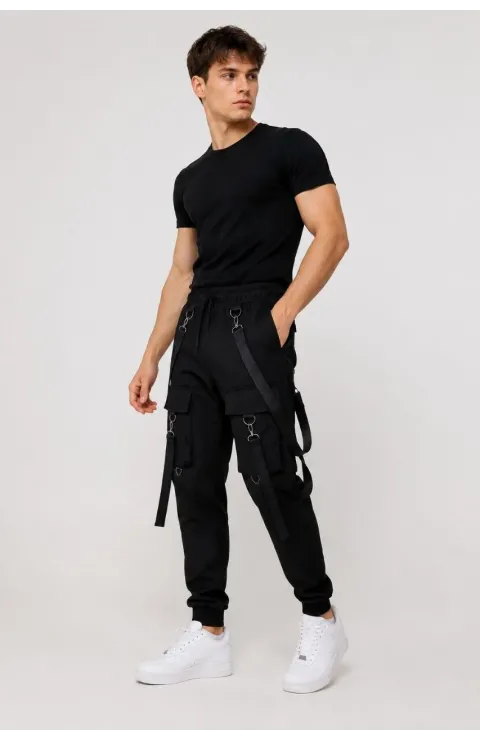Erkek Techwear Şerit Aksesuarlı Ön Kapak Cep Detaylı Jogger Eşofman Altı - Siyah