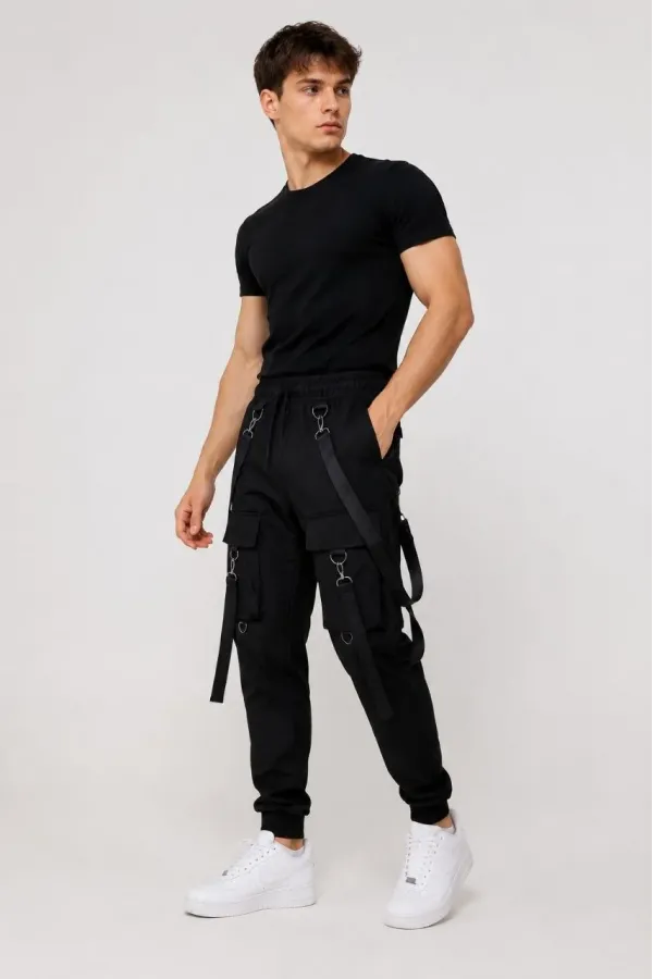 Erkek Techwear Şerit Aksesuarlı Ön Kapak Cep Detaylı Jogger Eşofman Altı - Siyah