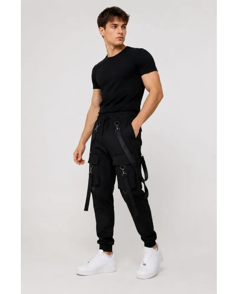 Erkek Techwear Şerit Aksesuarlı Ön Kapak Cep Detaylı Jogger Eşofman Altı - Siyah