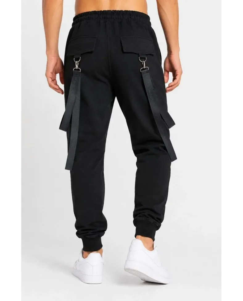 Erkek Techwear Şerit Aksesuarlı Ön Kapak Cep Detaylı Jogger Eşofman Altı - Siyah