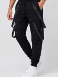 Erkek Techwear Şerit Aksesuarlı Ön Kapak Cep Detaylı Jogger Eşofman Altı - Siyah