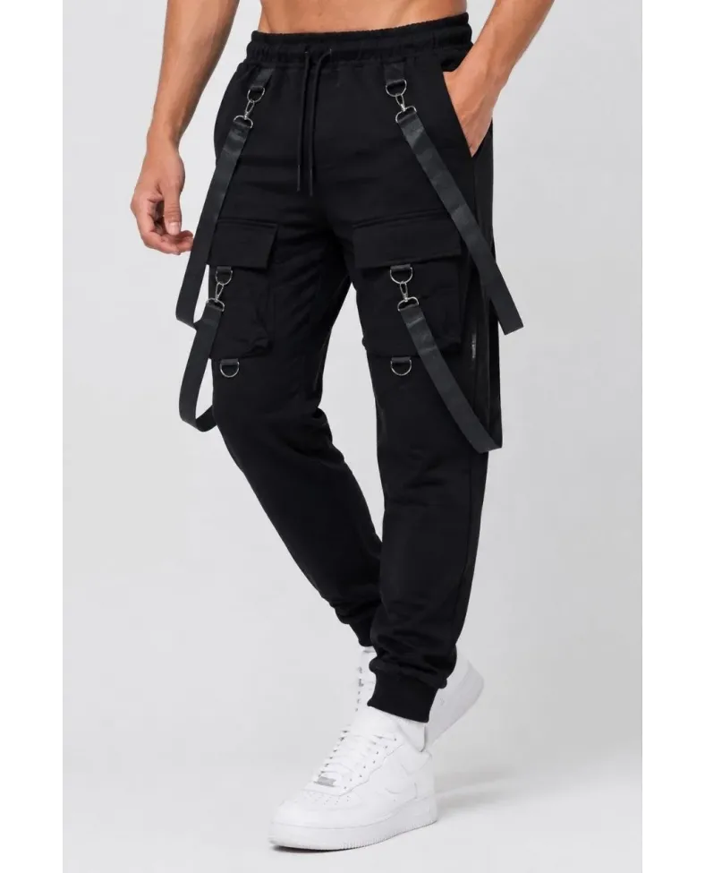 Erkek Techwear Şerit Aksesuarlı Ön Kapak Cep Detaylı Jogger Eşofman Altı - Siyah