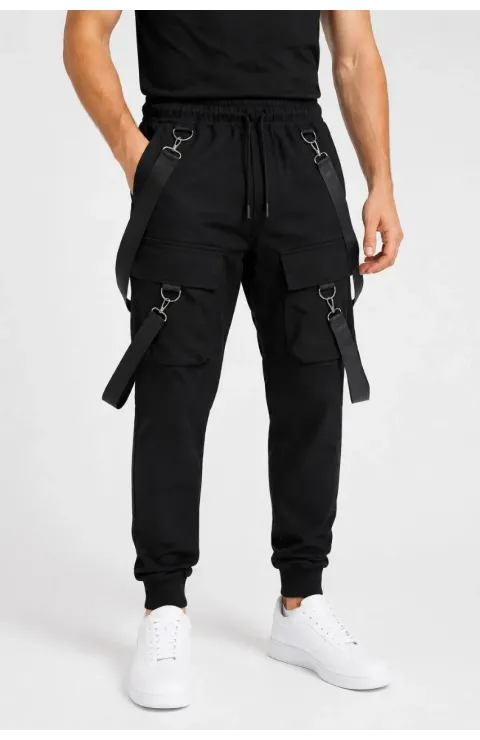 Erkek Techwear Şerit Aksesuarlı Ön Kapak Cep Detaylı Jogger Eşofman Altı - Siyah