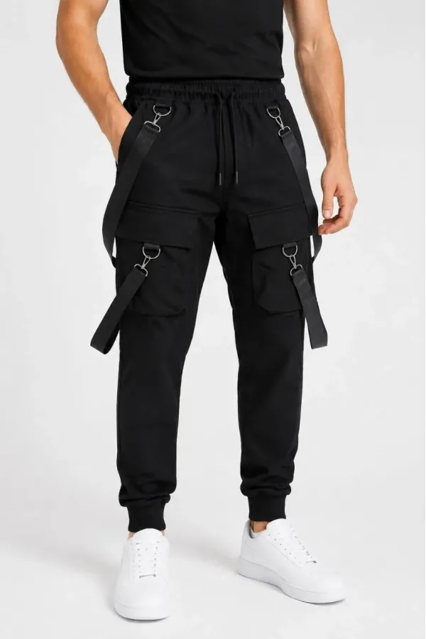 Erkek Techwear Şerit Aksesuarlı Ön Kapak Cep Detaylı Jogger Eşofman Altı - Siyah