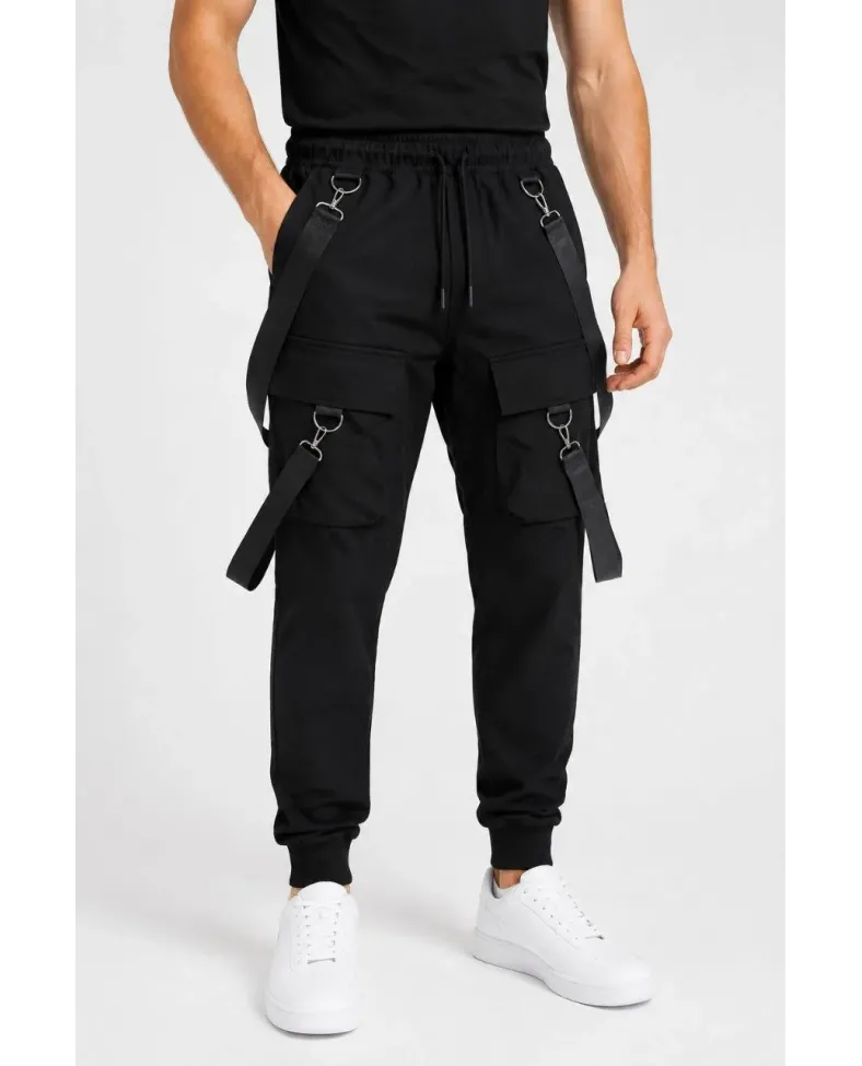 Erkek Techwear Şerit Aksesuarlı Ön Kapak Cep Detaylı Jogger Eşofman Altı - Siyah