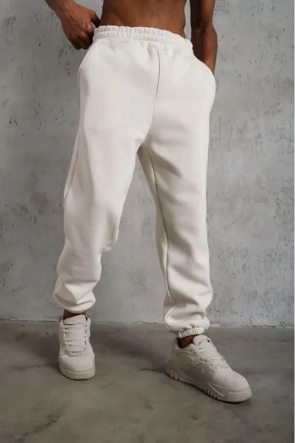 Erkek3 İplik Pamuklu Alt Eşofman Paça Lastikli Pantolon - Beyaz