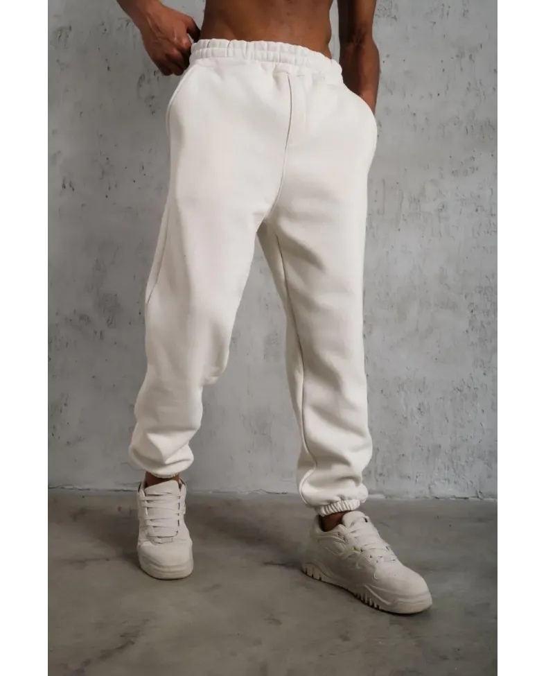 Erkek3 İplik Pamuklu Alt Eşofman Paça Lastikli Pantolon - Beyaz