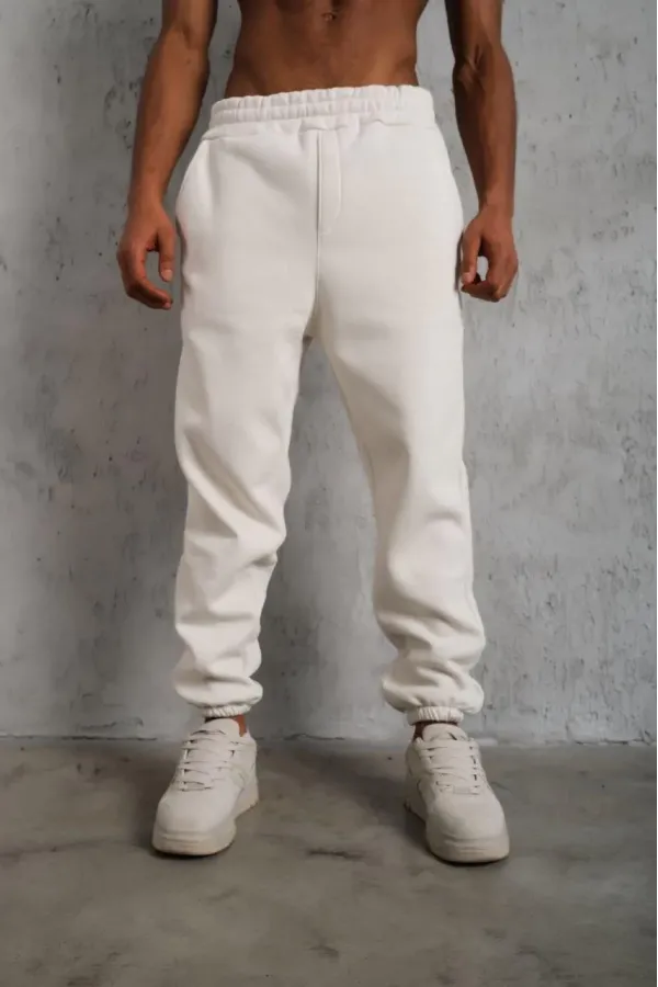 Erkek3 İplik Pamuklu Alt Eşofman Paça Lastikli Pantolon - Beyaz