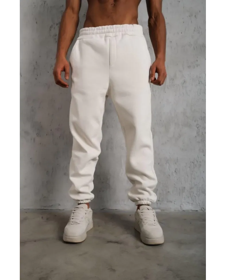 Erkek3 İplik Pamuklu Alt Eşofman Paça Lastikli Pantolon - Beyaz