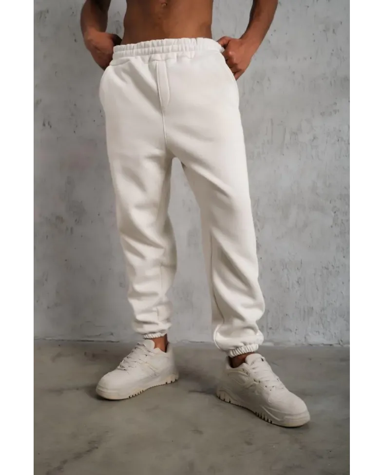 Erkek3 İplik Pamuklu Alt Eşofman Paça Lastikli Pantolon - Beyaz