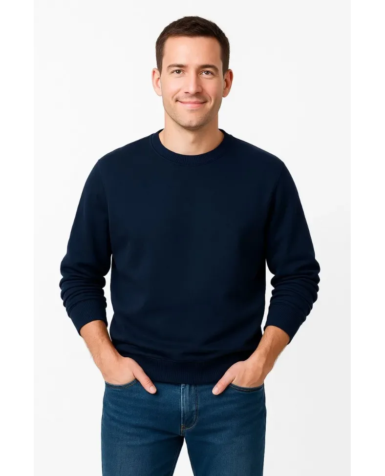 Erkek Üç İplik Düz Bisiklet Yaka SweatShirt - Lacivert