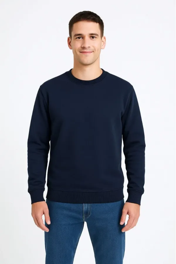 Erkek Üç İplik Düz Bisiklet Yaka SweatShirt - Lacivert