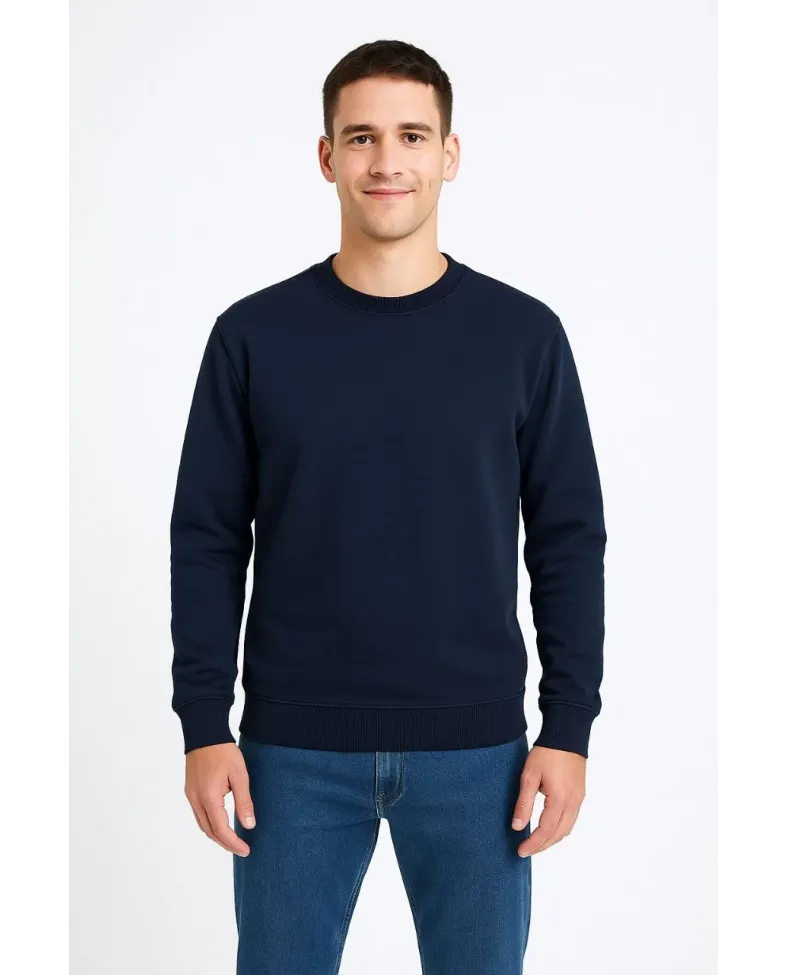 Erkek Üç İplik Düz Bisiklet Yaka SweatShirt - Lacivert