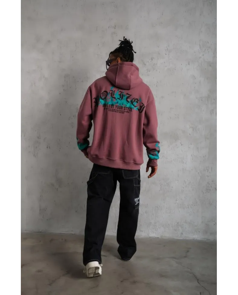 Erkek Üç İplik içi Pamuklu Alev Baskılı Kapüşonlu Sweatshirt - Gül Kurusu