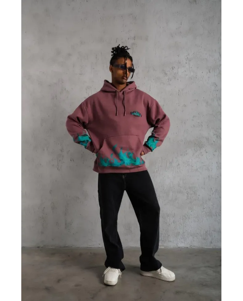 Erkek Üç İplik içi Pamuklu Alev Baskılı Kapüşonlu Sweatshirt - Gül Kurusu