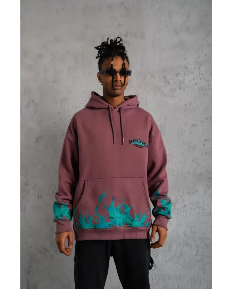 Erkek Üç İplik içi Pamuklu Alev Baskılı Kapüşonlu Sweatshirt - Gül Kurusu