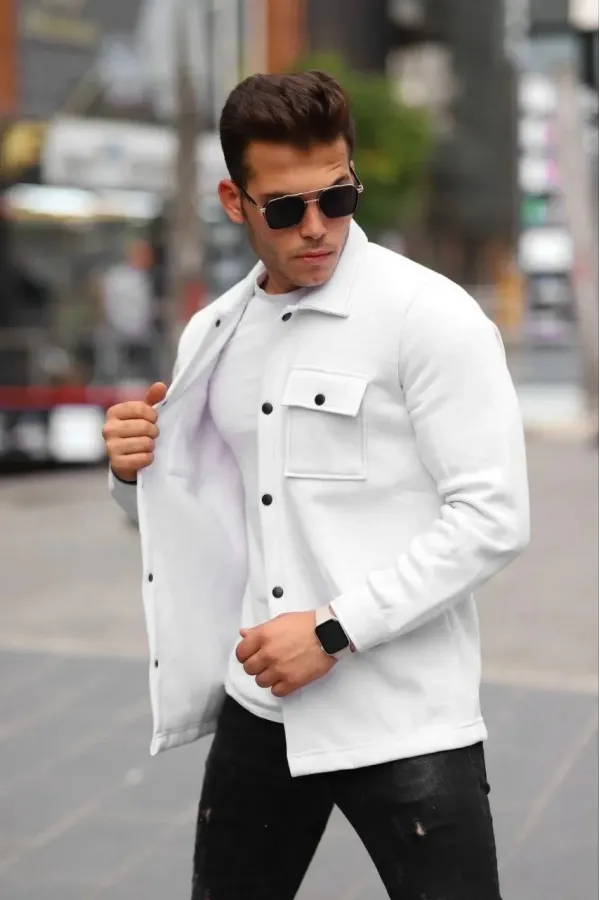 Erkek Üç İplik İçi Pamuklu Çıt Çıtlı Gömlek Ceket - Beyaz
