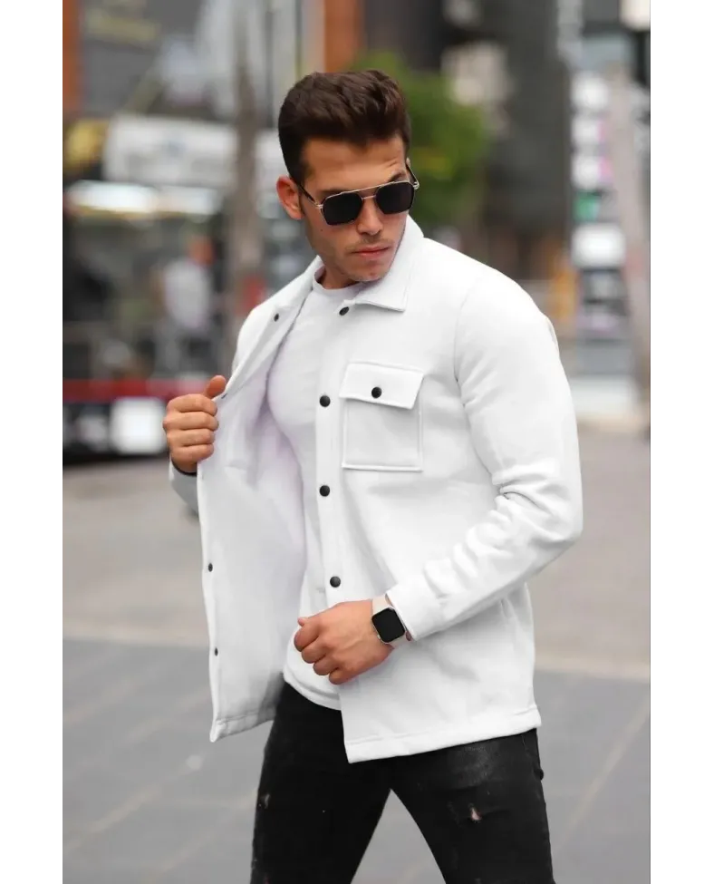 Erkek Üç İplik İçi Pamuklu Çıt Çıtlı Gömlek Ceket - Beyaz