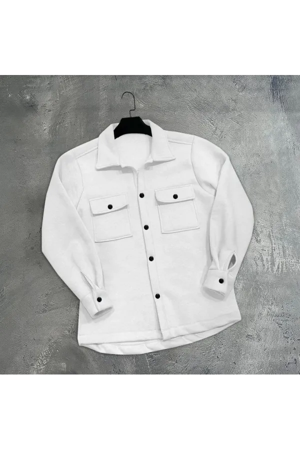Erkek Üç İplik İçi Pamuklu Çıt Çıtlı Gömlek Ceket - Beyaz