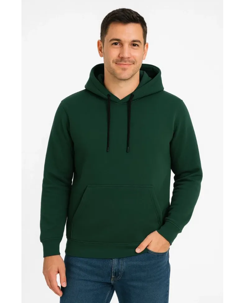 Erkek Üç İplik Kapüşonlu Kanguru Cepli SweatShirt hoodie - Haki