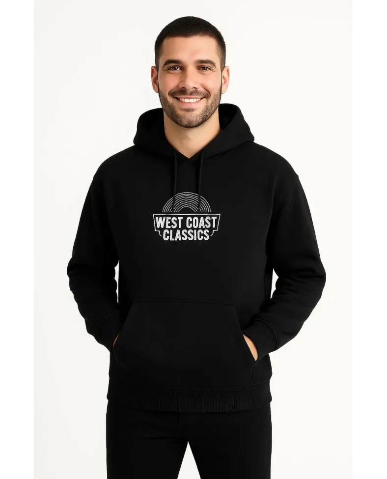 Erkek Kapşonlu Sweatshirt Oversize Üç İplik Şardonlu West Coast Classics Ön Arka - Siyah