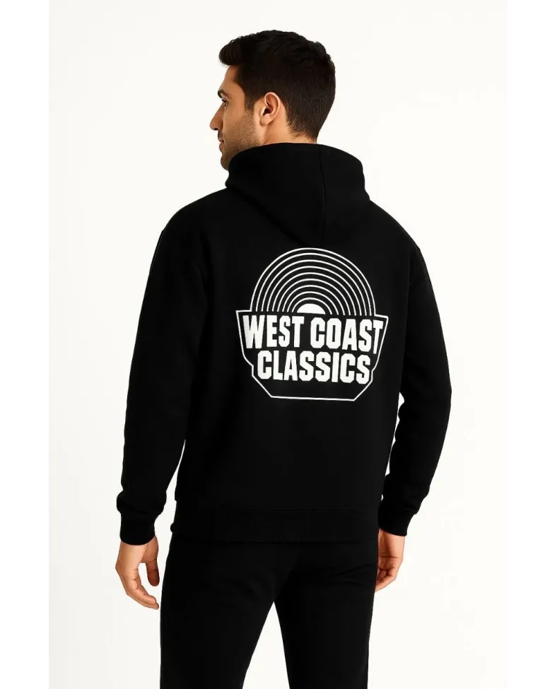 Erkek Kapşonlu Sweatshirt Oversize Üç İplik Şardonlu West Coast Classics Ön Arka - Siyah