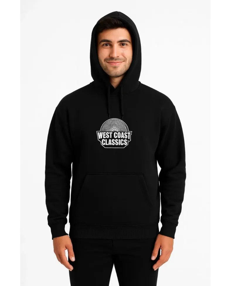 Erkek Kapşonlu Sweatshirt Oversize Üç İplik Şardonlu West Coast Classics Ön Arka - Siyah