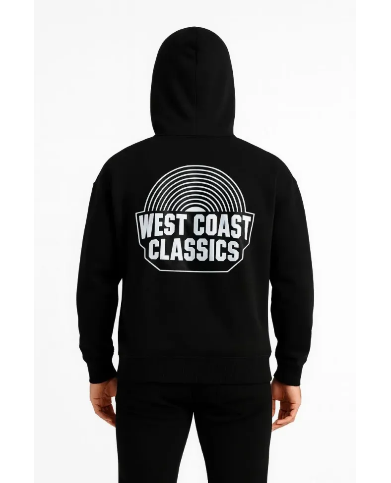 Erkek Kapşonlu Sweatshirt Oversize Üç İplik Şardonlu West Coast Classics Ön Arka - Siyah