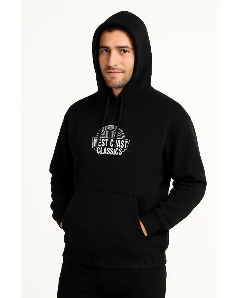 Erkek Kapşonlu Sweatshirt Oversize Üç İplik Şardonlu West Coast Classics Ön Arka - Siyah