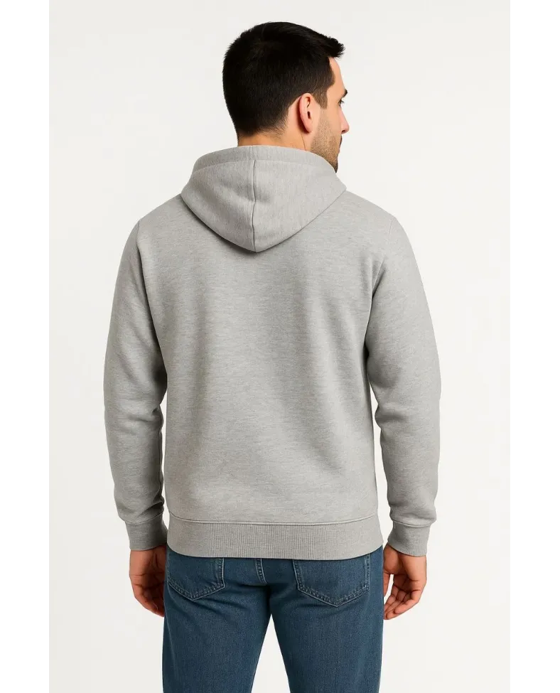 Erkek Üç İplik Kapüşonlu Tam Fermuarlı Kanguru Çepli SweatShirt Hoodie - Gri