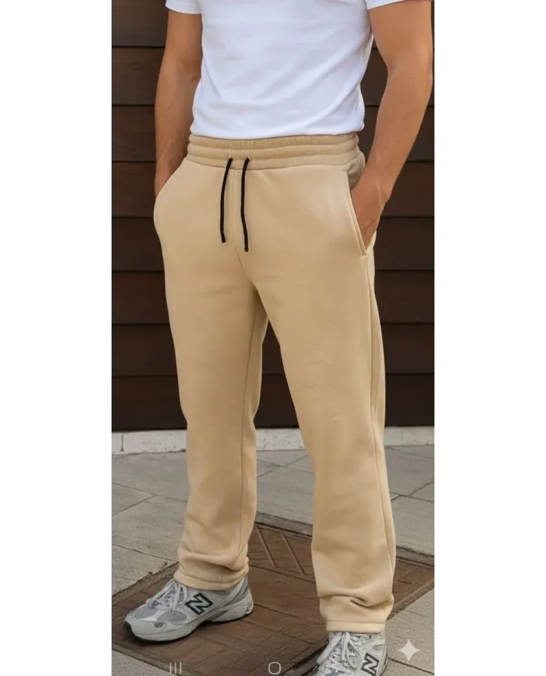 Erkek 3 iplik Kışlık Pamuklu Oversize Bağcıklı Düz Paça Cepli Eşofman Altı Pantolon - Bej