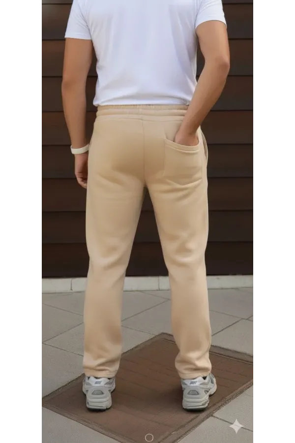 Erkek 3 iplik Kışlık Pamuklu Oversize Bağcıklı Düz Paça Cepli Eşofman Altı Pantolon - Bej