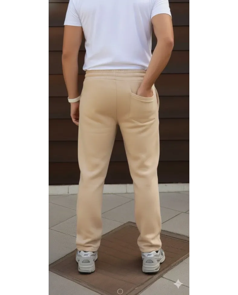 Erkek 3 iplik Kışlık Pamuklu Oversize Bağcıklı Düz Paça Cepli Eşofman Altı Pantolon - Bej