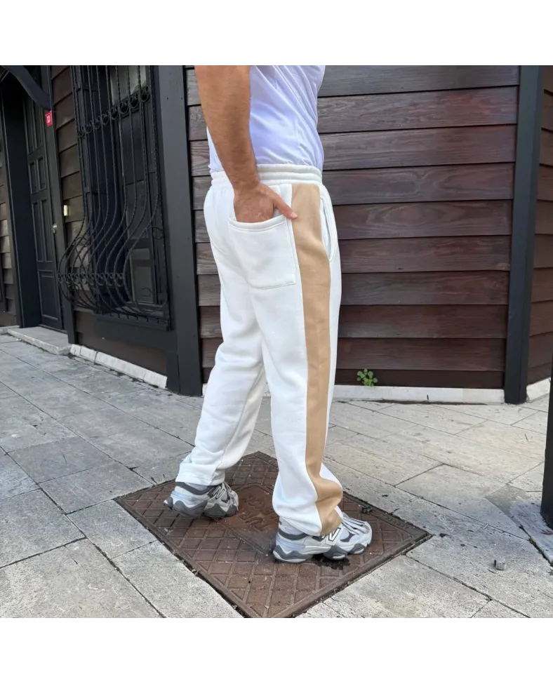 Erkek Üç İplik Kışlık Pamuklu Yandan Garneli Kalın Bej Şeritli Cepli Eşofman Altı - Beyaz