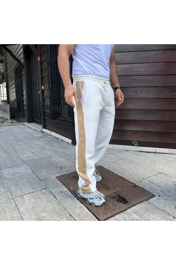 Erkek Üç İplik Kışlık Pamuklu Yandan Garneli Kalın Bej Şeritli Cepli Eşofman Altı - Beyaz